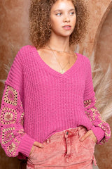 Marsha Pink Crochet Sleeve Sweater