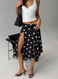 Dulciana High Split Asymmetrical Midi Skirt Black Polka Dot