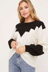 Just In Time Ivory and Black Colorblock Crew Neck Sweater