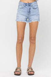 Here You Are Light Wash Distressed Denim Shorts