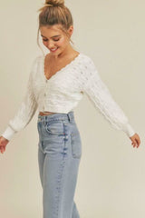 Lush White Pointelle Knit Cropped Cardigan Sweater