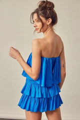 Monaco Paradise Blue Strapless Ruffle Romper