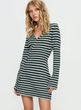 Morgen Asymmetrical Long Sleeve Mini Dress Grey Green Stripe