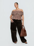 Avalynn Off Shoulder Shirred Top Brown Check Curve