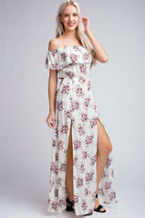 I Adore White Floral Print Off the Shoulder Maxi Dress