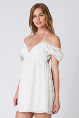 Dana White Eyelet Off Shoulder Halter Dress