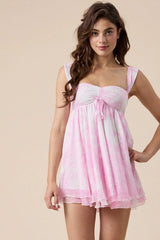 Layla White Pink Floral Toile Babydoll Mini Dress