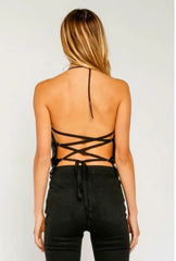 What You Want Black Metallic Lace Up Halter Top