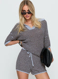 Serenique Collared Short Sleeve Knit Top Blue / Chocolate