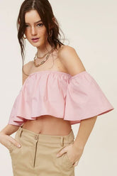 Darcie Blush Flowy Off Shoulder Crop Top