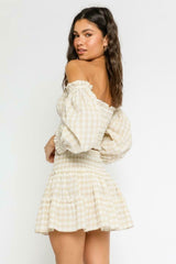 XOXO Khaki Gingham Smocked Off the Shoulder Dress Set