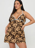 Mishie Halter Mini Dress Brown / Blue Floral Curve