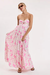 Brisa Pink Tropical Floral Strapless Maxi Dress