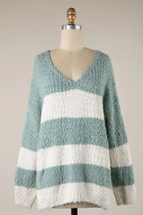 Gwyneth Mint Striped V Neck Pullover