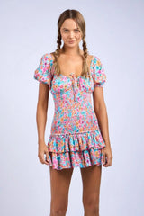 Mimi Aqua Pink Floral Puff Sleeve Mini Dress