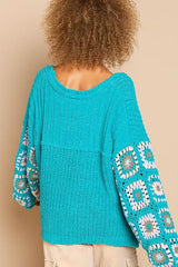 Jayde Teal Crochet Sleeve Sweater
