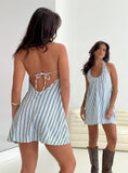 Daydreams Linen Blend Halter Mini Dress Blue Maroon Stripe