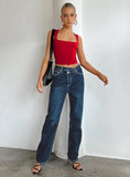 Holly Asymmetric Straight Leg Jean Dark Wash Denim
