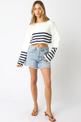 Scarlett White and Navy Striped Cropped Sweater