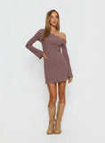 Adrietta Long Sleeve Off Shoulder Mini Dress Chocolate Pink Stripe