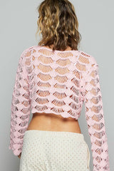 Janine Light Pink Long Sleeve Crochet Crop Top