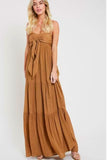 Falling In Love Tie Front Tiered Camel Maxi Dress