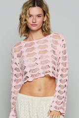 Janine Light Pink Long Sleeve Crochet Crop Top