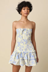 Aimee Cream Blue Floral Strapless Mini Dress