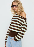 Zinia Off Shoulder Knit Sweater Brown Blue Stripe