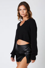 Day Off Black Notched Neck Sweater