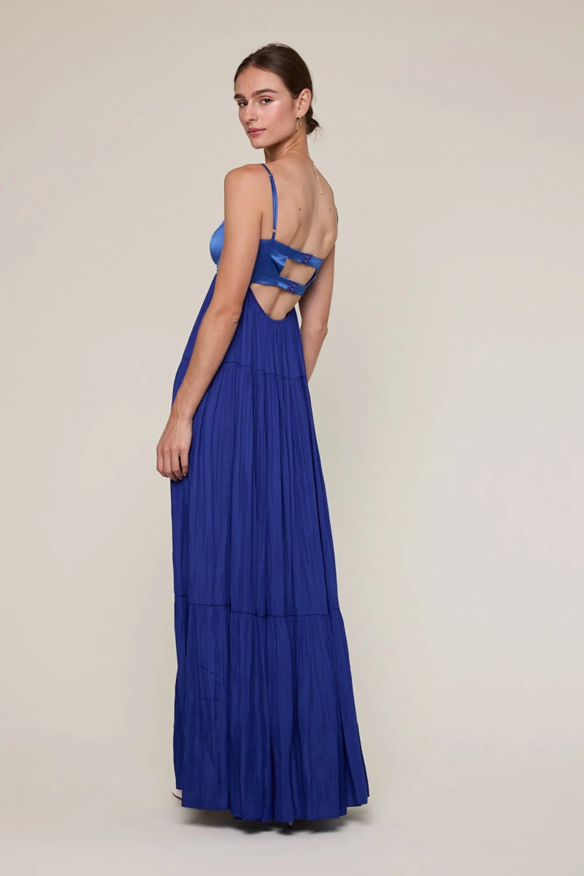 Blaire Blue Satin Tiered Maxi Dress