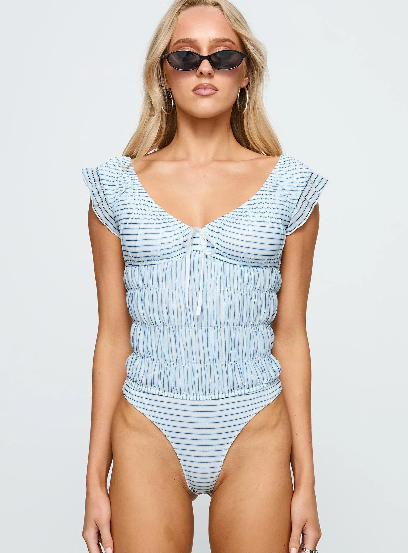 Ahead Of Myself Off Shoulder Bodysuit Blue Stripe