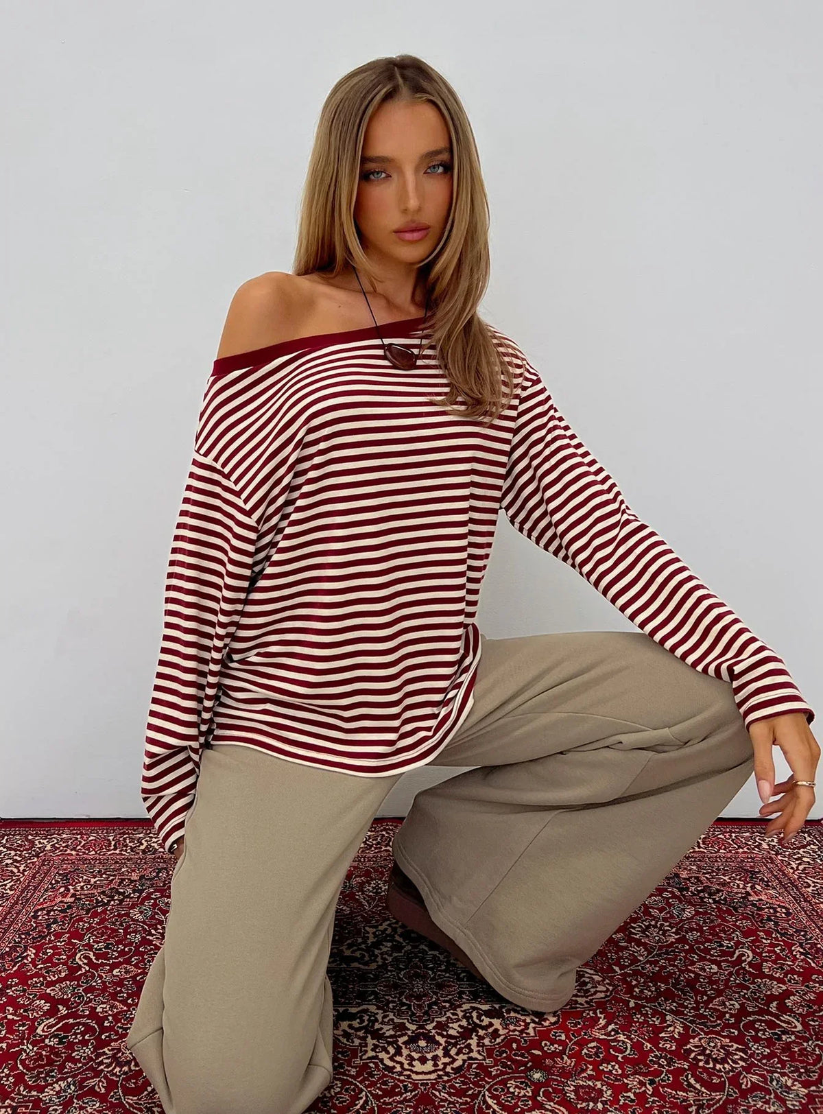 Ralyssa Off Shoulder Long Sleeve Top Red Stripe