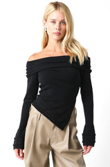 Andrea Black Off Shoulder Asymmetric Sweater Top