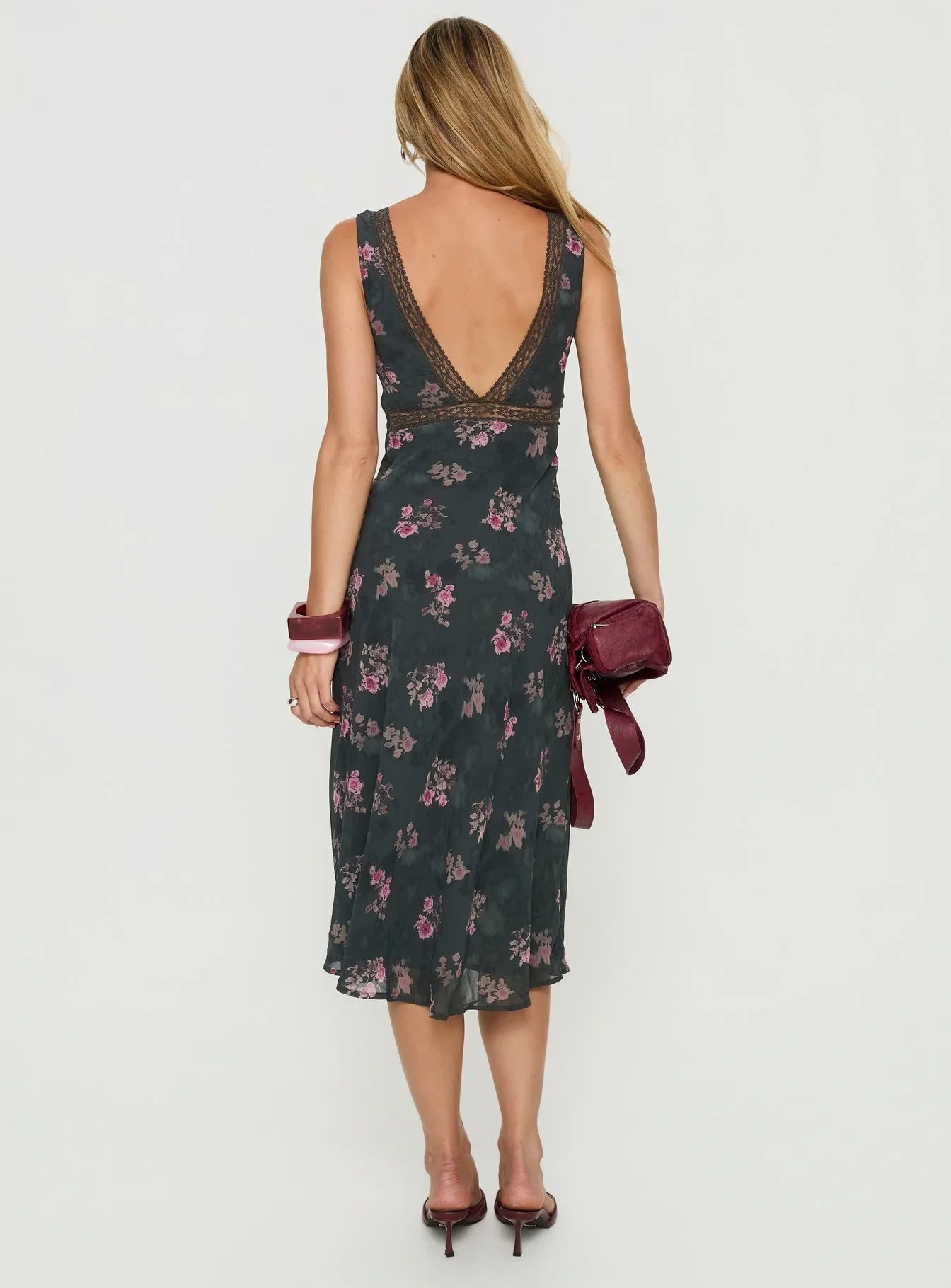 Kenadi Lace Bias Midi Dress Black Floral