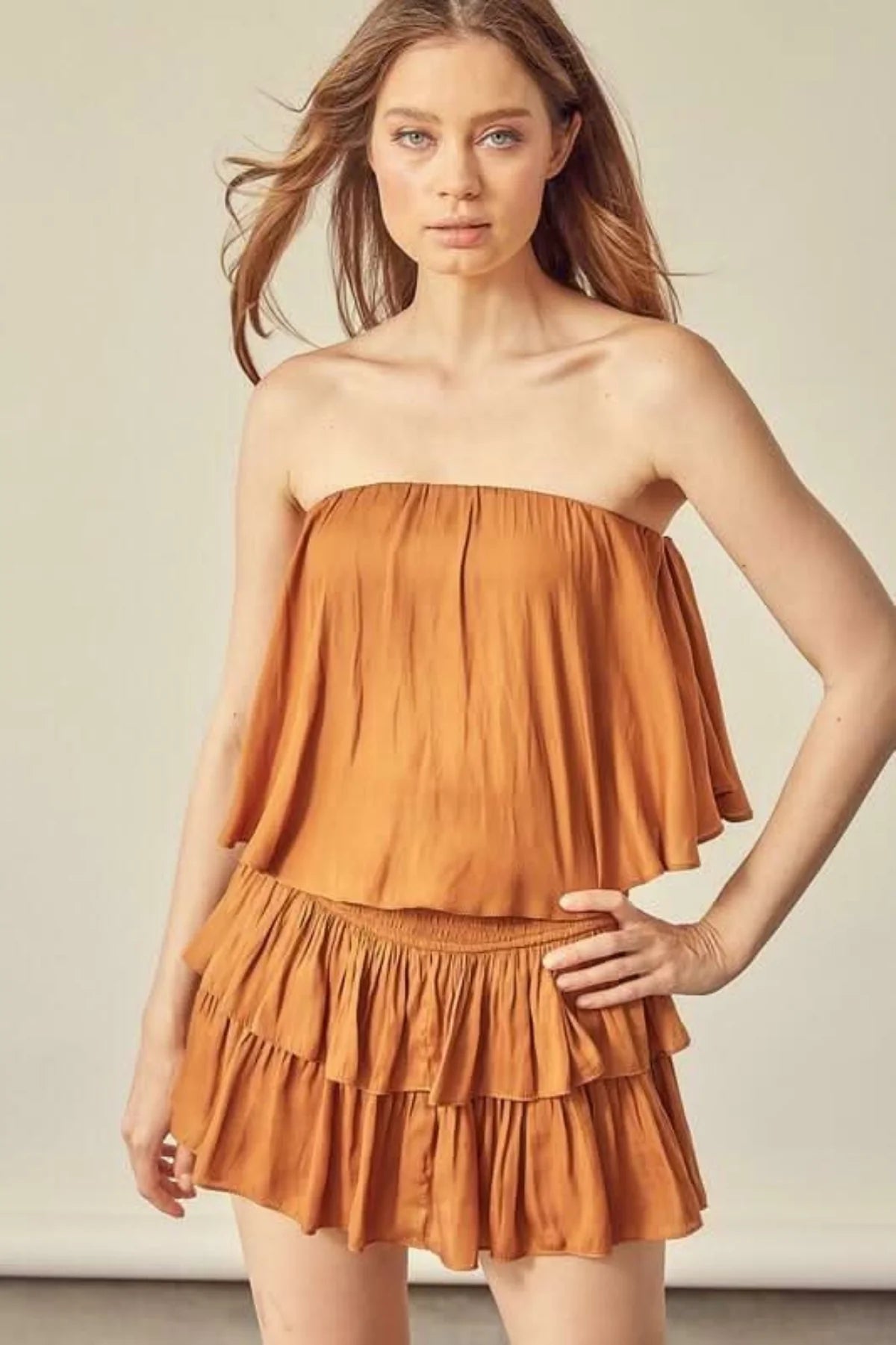 Monaco Caramel Strapless Ruffle Romper