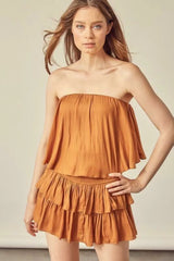 Monaco Caramel Strapless Ruffle Romper