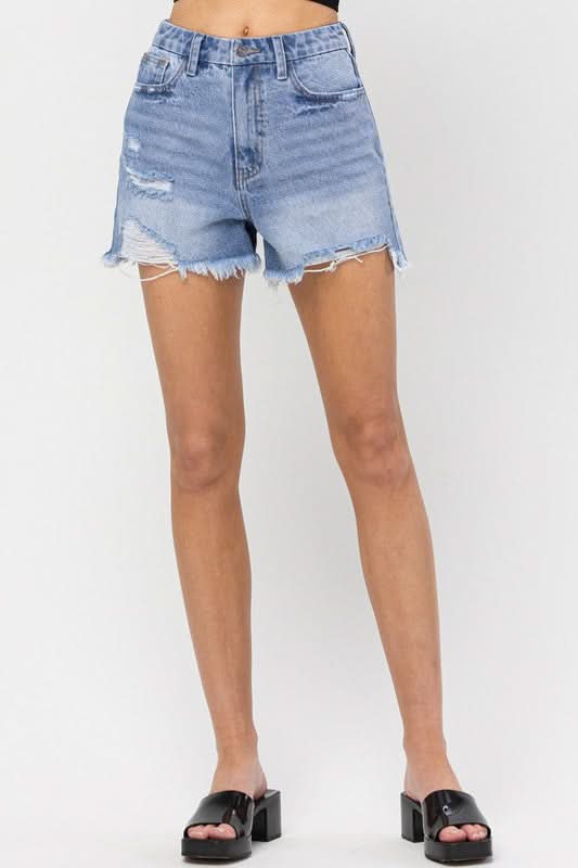 Tara Medium Wash High Rise Distressed Denim Shorts