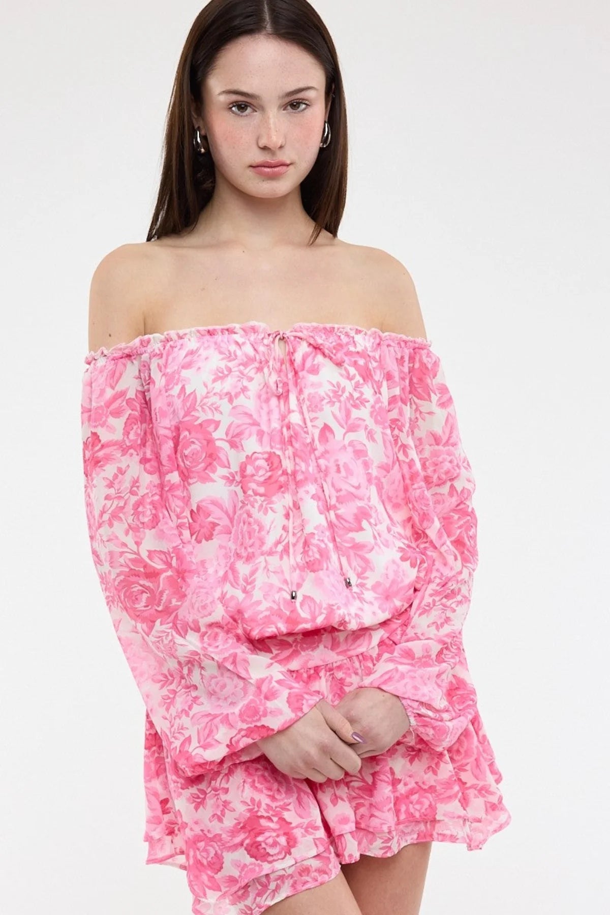 Pixie Pink Floral Off The Shoulder Romper Dress