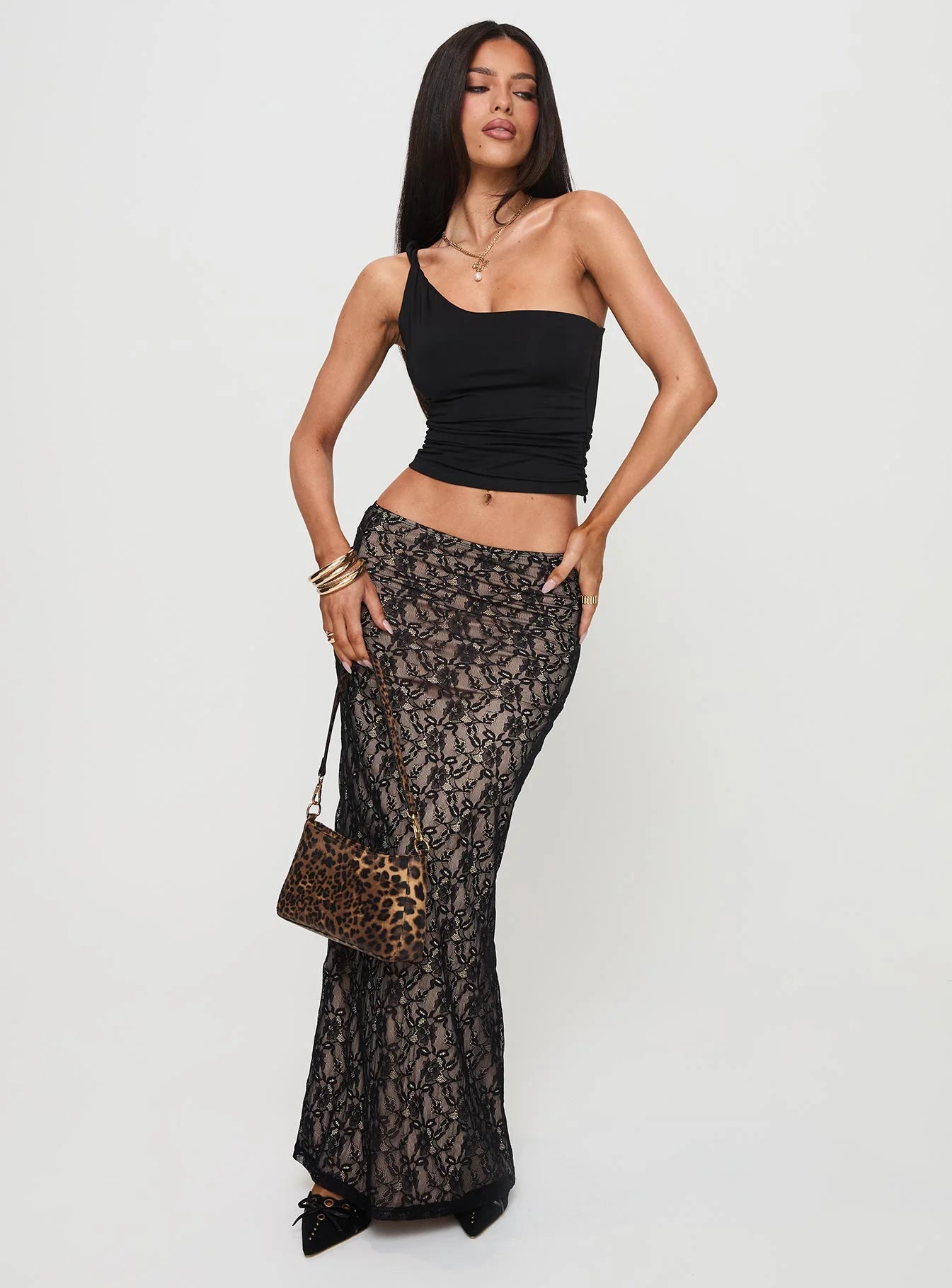 Lourenzia Lace Maxi Skirt Black Nude