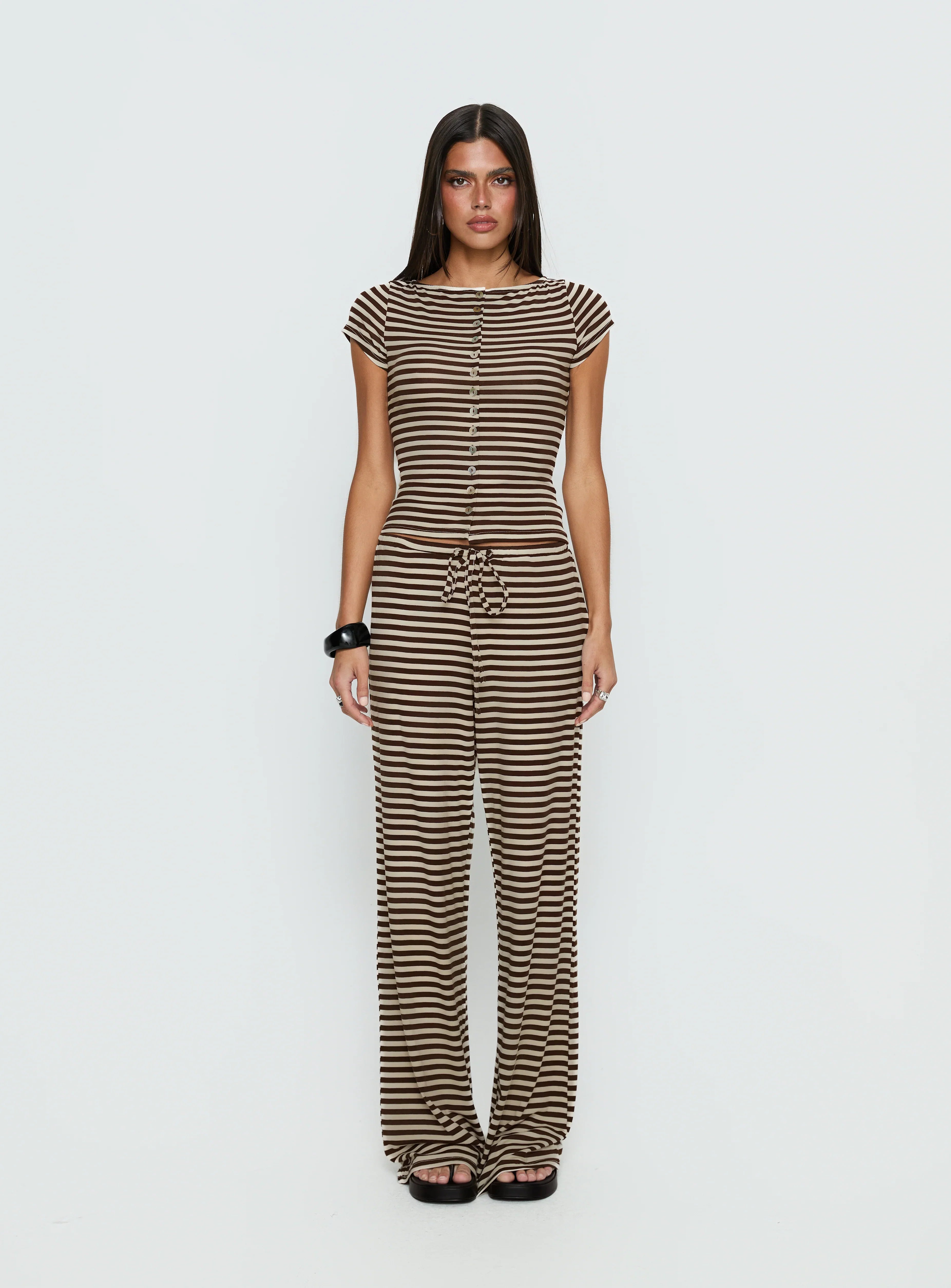 Angellina Jersey Button Down Top Chocolate / Cream Stripe
