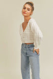 Lush White Pointelle Knit Cropped Cardigan Sweater