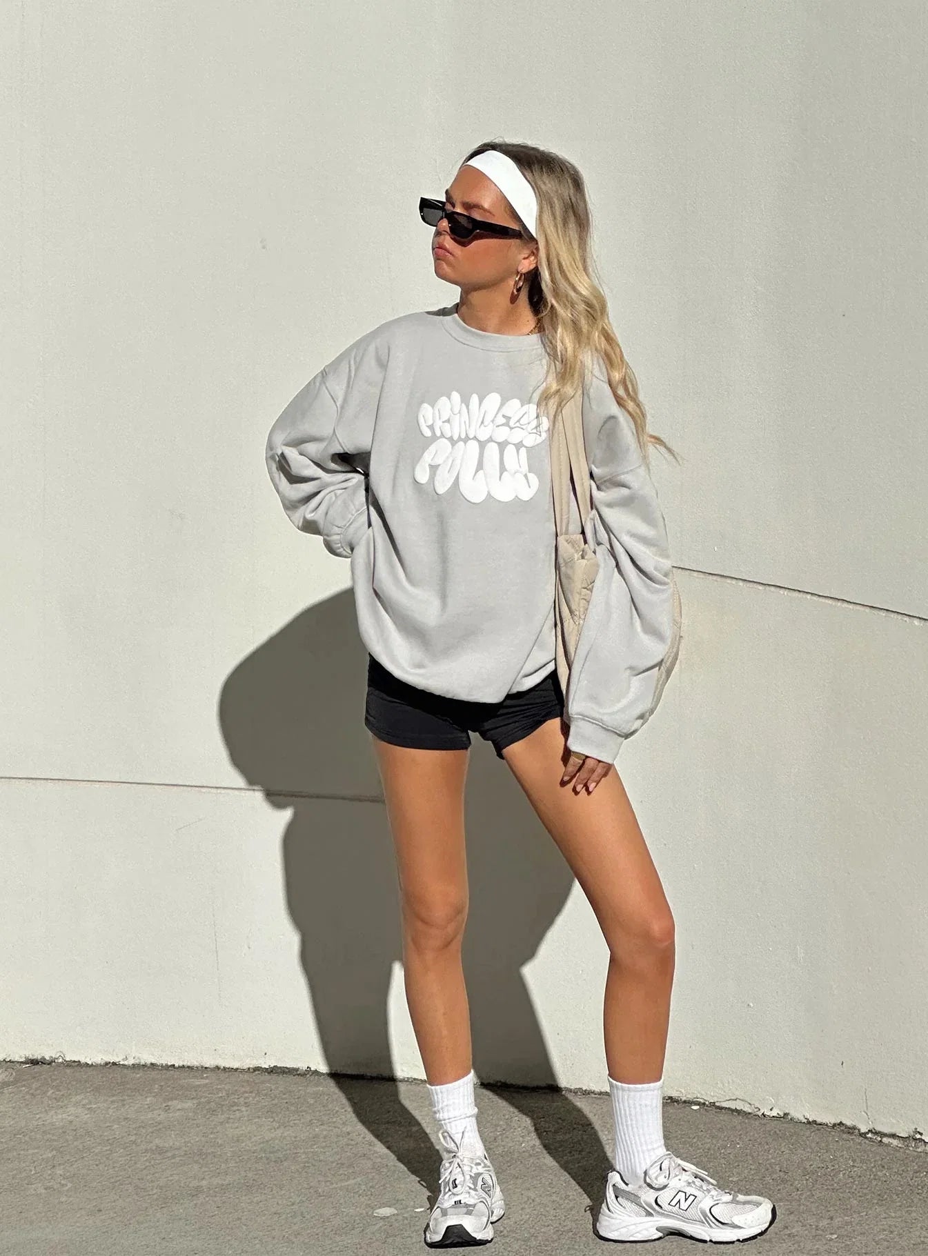 Princess Polly Crew Neck Sweatshirt Bubble Text Grey Cloud White
