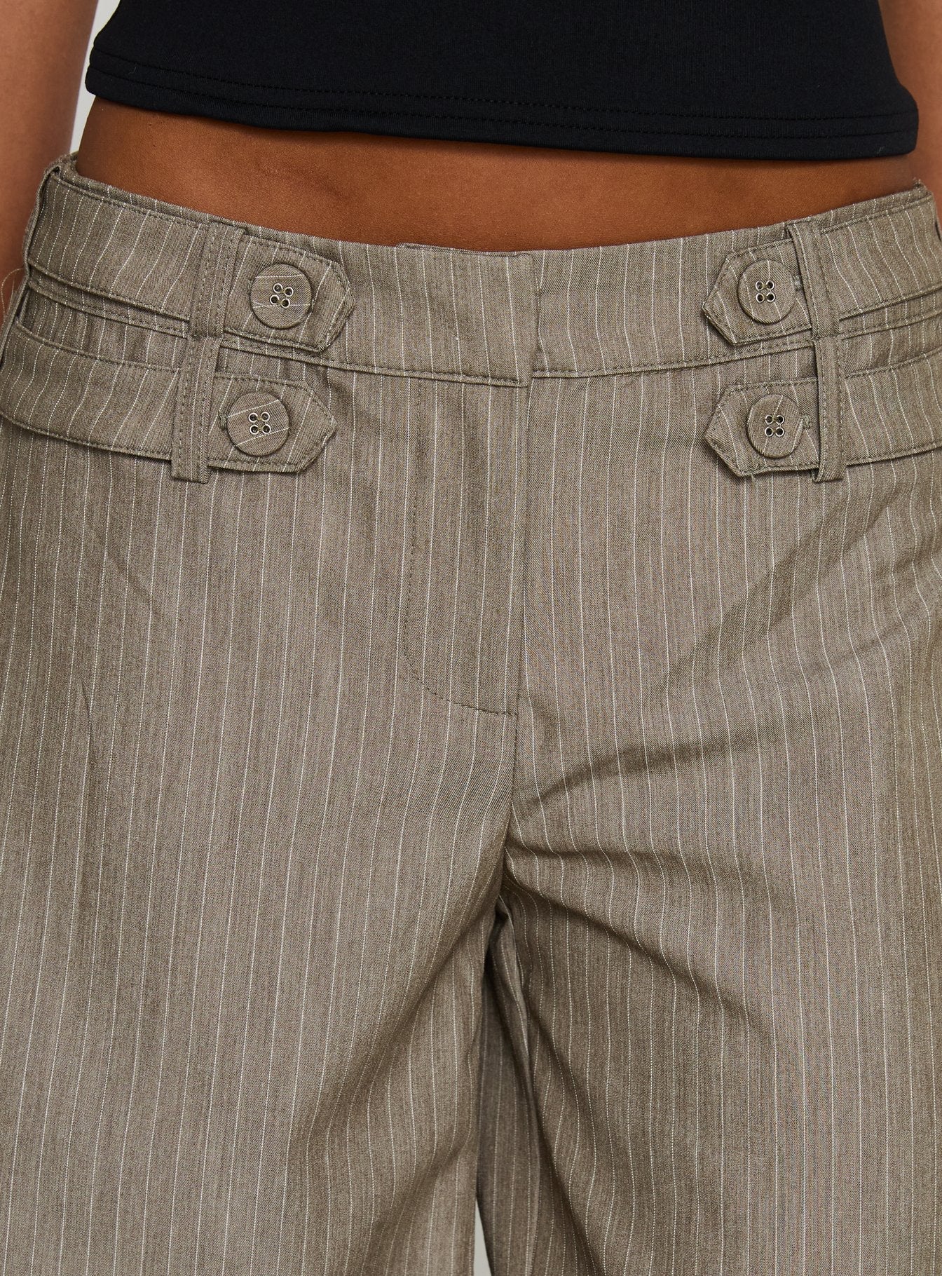 Jette Tailored Buckle Pant Taupe Pinstripe