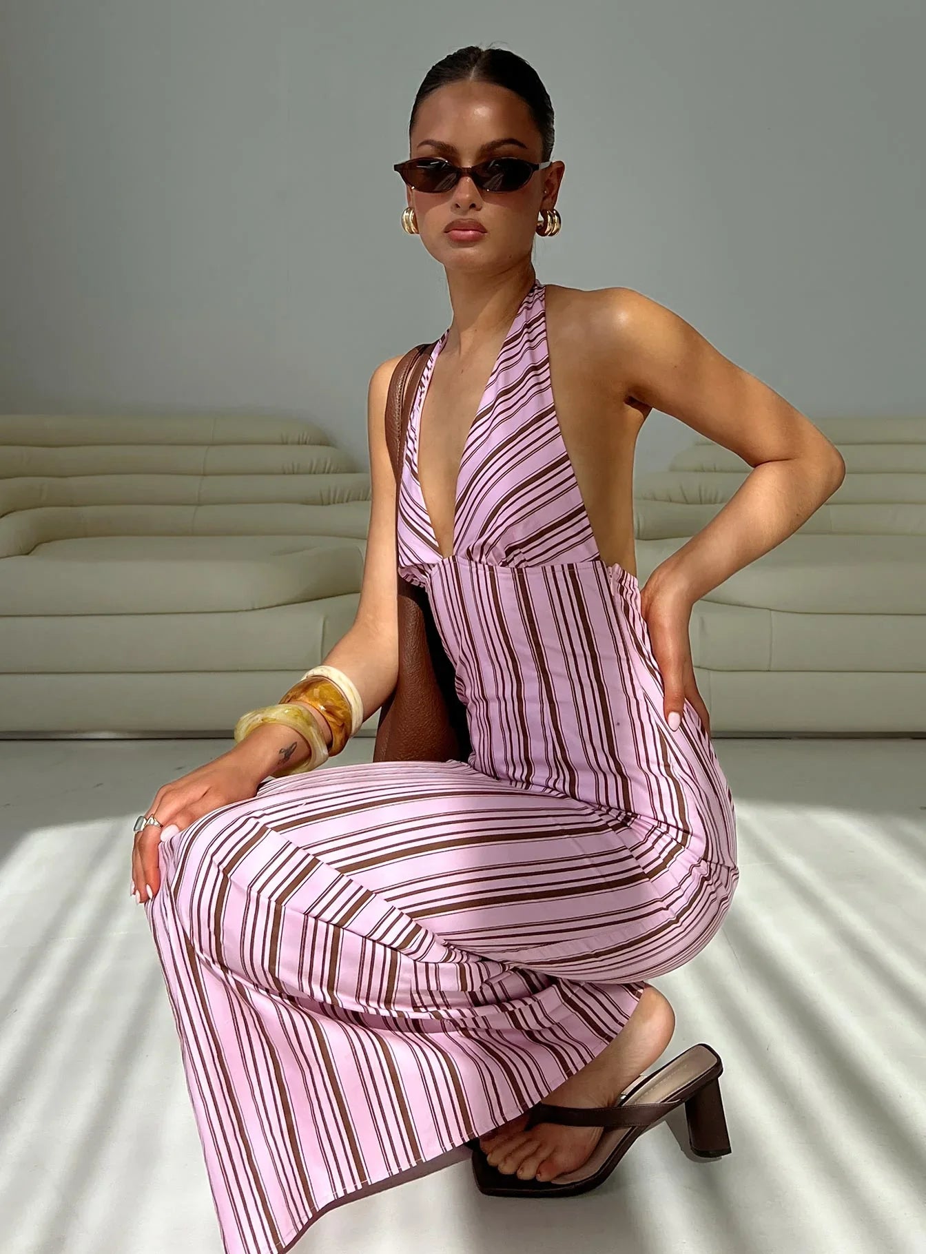Avrie Halter Maxi Dress Pink Brown Stripe