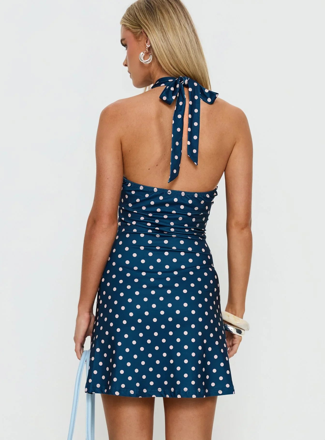 Priscelle Halter Mini Dress Navy Pink Polka Dot