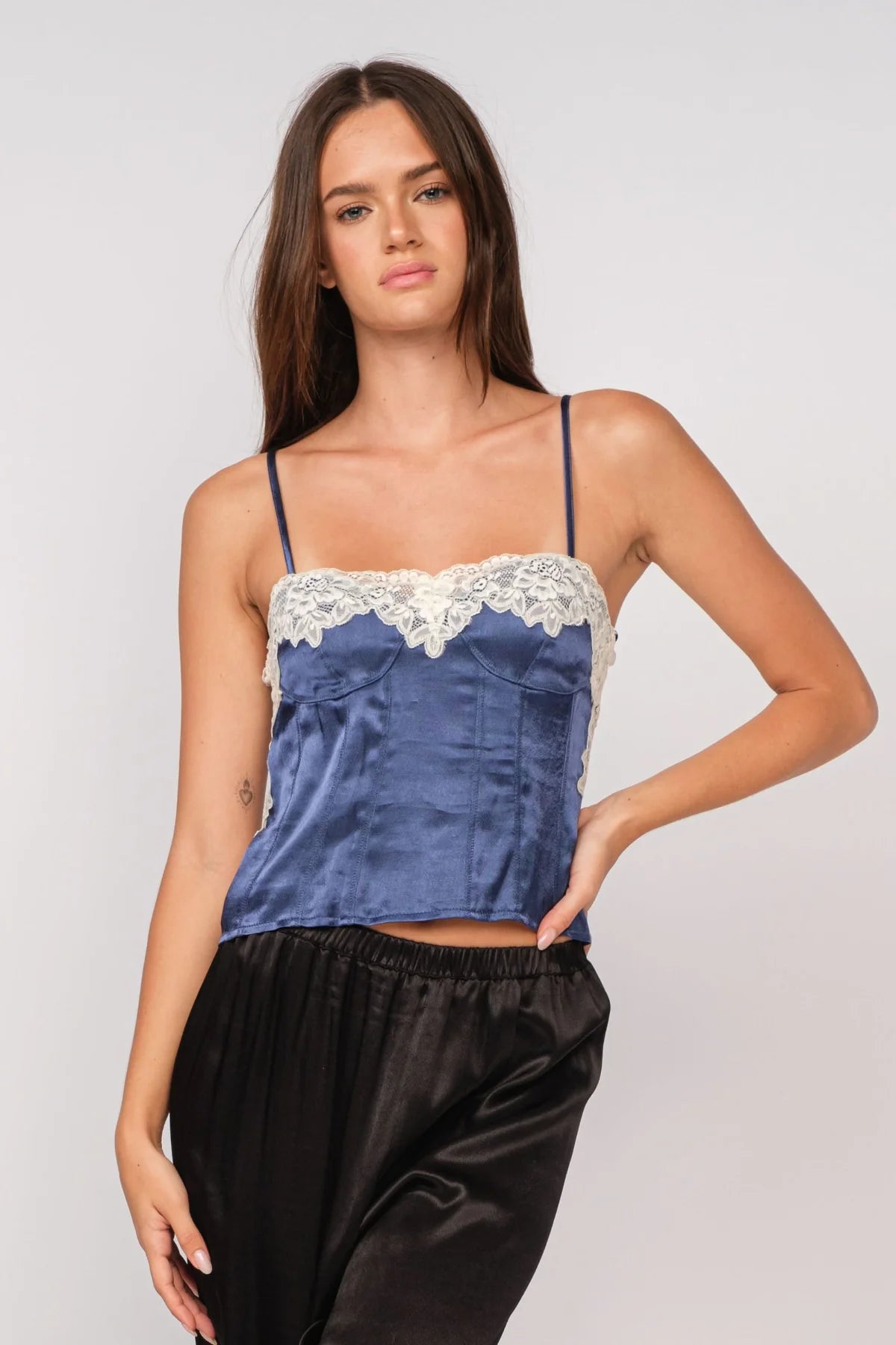 Lucy Navy and White Lace Satin Cami Top