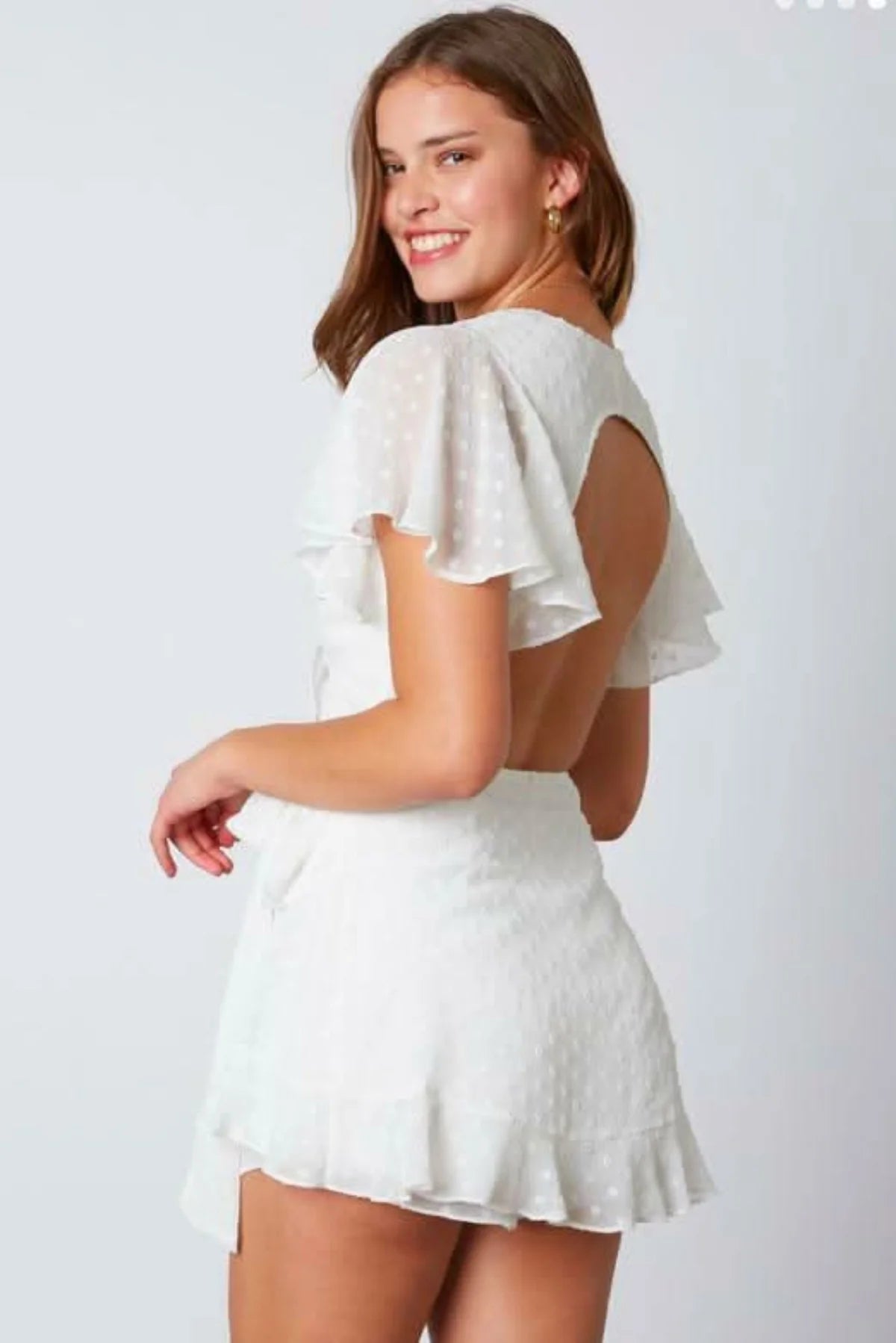 Summer Romance White Backless Surplice Romper