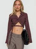 Anslee Wrap Detail Cropped Long Sleeve Top Burgundy Stripe