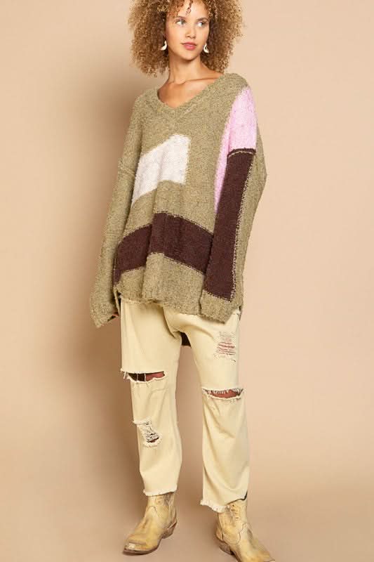Betty Green Colorblock V Neck Sweater